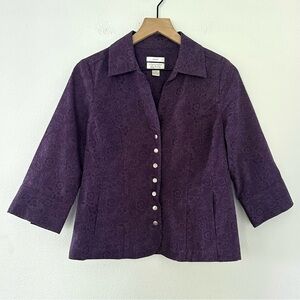 Vintage Christopher & Banks Purple Floral Snap Front Jacket Sz S Stretch Grandma